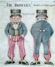 Load image into Gallery viewer, 1892 Antique Arnold Print Works Palmer Cox Brownie's Cloth Doll Panel | Uncle Sam, Dude & Irishman