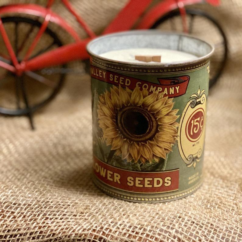Fireplace In A Can Soy Wax Candle | Rustic Sunflower Seed Package Label