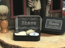 Load image into Gallery viewer, Mini Shave Soap + Shave Brush Tin | Travel, Overnight Stays, Gift + Refills
