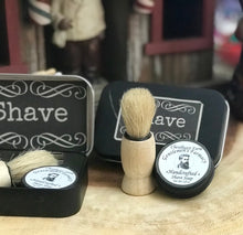 Load image into Gallery viewer, Mini Shave Soap + Shave Brush Tin | Travel, Overnight Stays, Gift + Refills
