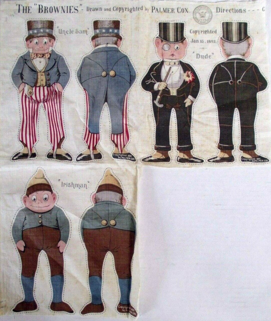 1892 Antique Arnold Print Works Palmer Cox Brownie's Cloth Doll Panel | Uncle Sam, Dude & Irishman